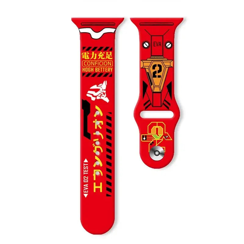Red silicone apple watch strap featuring evangelion unit-01 eva-02 design with yellow black accents and japanese text
