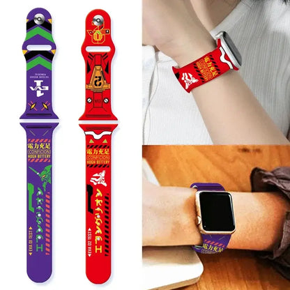 Red and purple silicone evangelion unit-01 apple watch strap with themed graphics and text for apple watch use