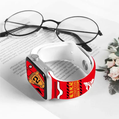 Red and white evangelion unit-01 apple watch strap with bold graphic design and silicone material for apple watch