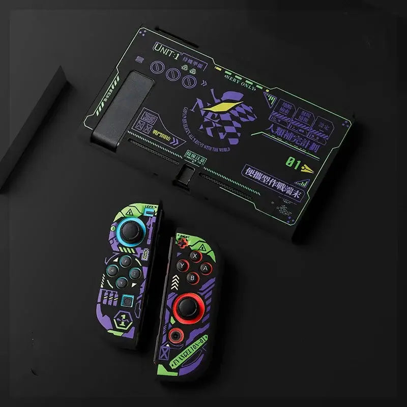 Neon-lit black nintendo switch oled with vibrant purple green and red eva design joy-con covers for evangelion unit-01