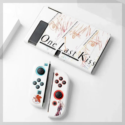 White evangelion unit-01 nintendo switch oled case with one last kiss text and matching joy-con covers