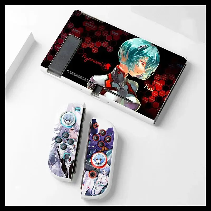 White nintendo switch oled console and joy-con cover featuring vibrant evangelion unit-01 anime artwork