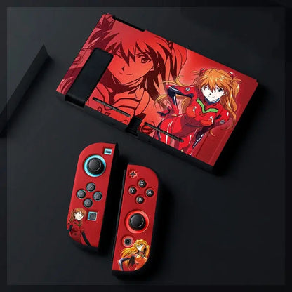 Red nintendo switch oled console with evangelion unit-01 anime artwork joy-con covers for switch oled