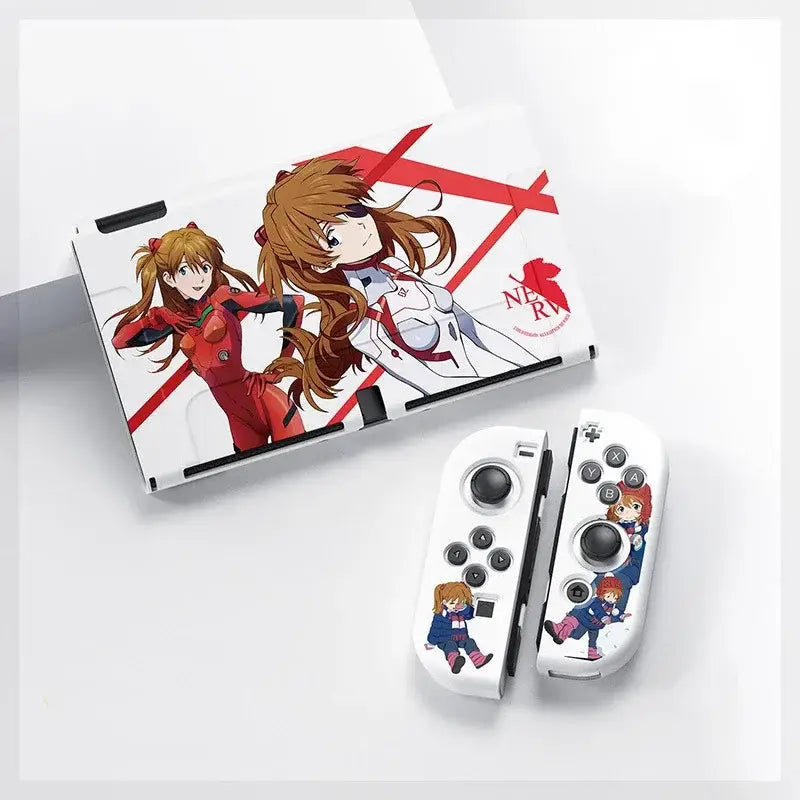 White nintendo switch oled console and joy-con with evangelion unit-01 anime design in red white and black accents