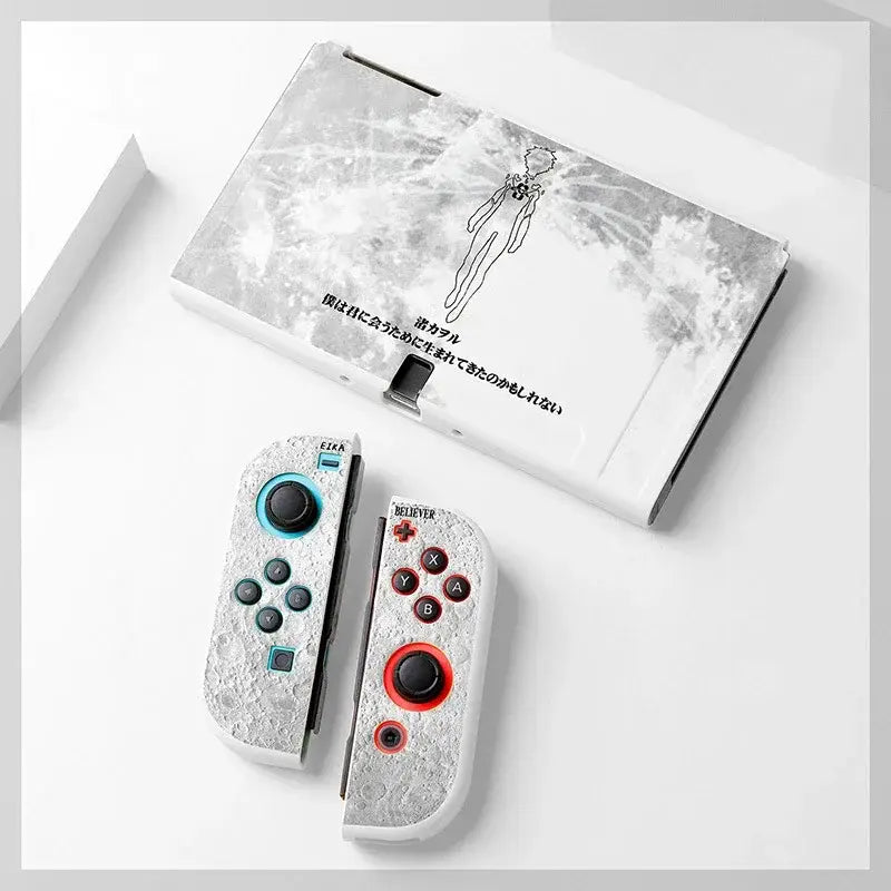 Evangelion unit-01 switch case with white marble-patterned nintendo switch oled and lace texture joy-con cover