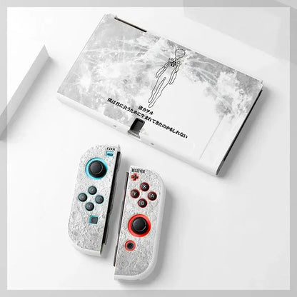 Evangelion unit-01 switch case with white marble-patterned nintendo switch oled and lace texture joy-con cover