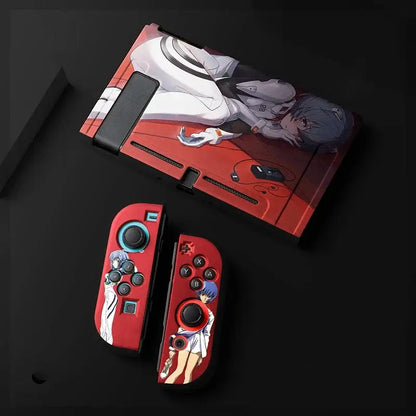 Red nintendo switch oled console and joy-con with evangelion unit-01 anime design in white blue and black accents