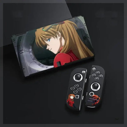 Black nintendo switch oled console with evangelion unit-01 joy-con covers featuring a blonde anime girl in red attire
