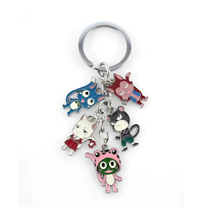 Colorful enamel fairy tail natsu keychain with five cartoon charms hanging from a silver metal key ring