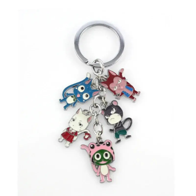 Colorful enamel fairy tail natsu keychain with five vibrant cartoon characters on a silver-toned metal key ring