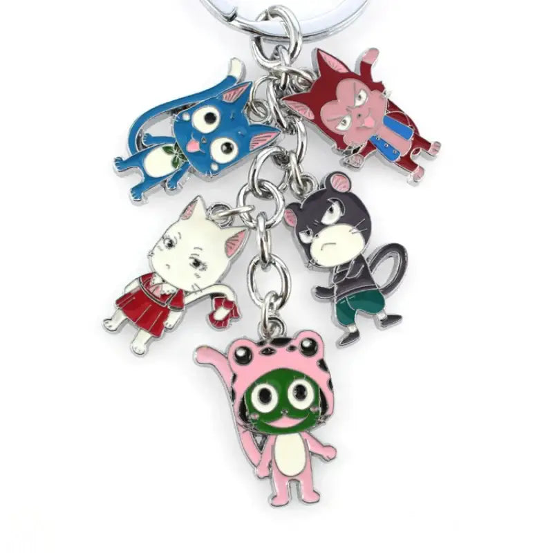 Colorful enamel fairy tail natsu keychain with five cartoon character charms on a metal key ring in blue red white black and pink