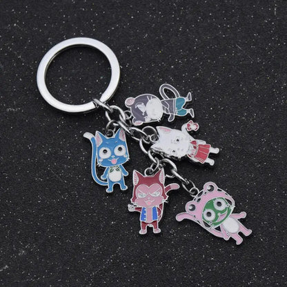 Silver fairy tail enamel charms on a colorful key ring metal keychain featuring five cartoon characters
