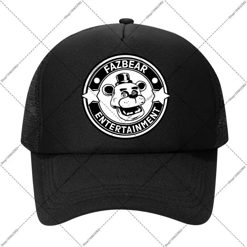 Black mesh five nights at freddys baseball cap with white circular fazbear entertainment logo and freddy fazbear illustration