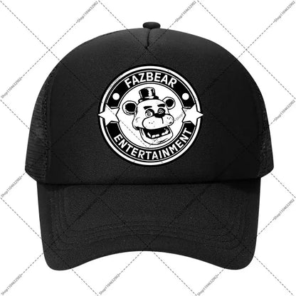 Black mesh five nights at freddys baseball cap with white circular fazbear entertainment logo and freddy fazbear illustration