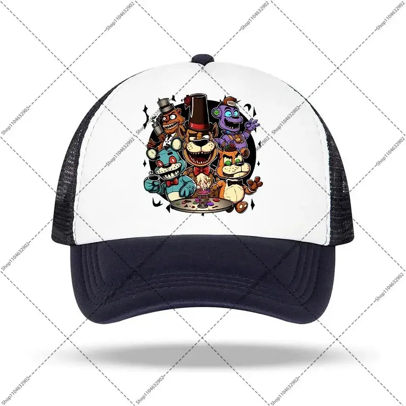 White and black trucker baseball cap with colorful five nights at freddys characters graphic for kids and adults