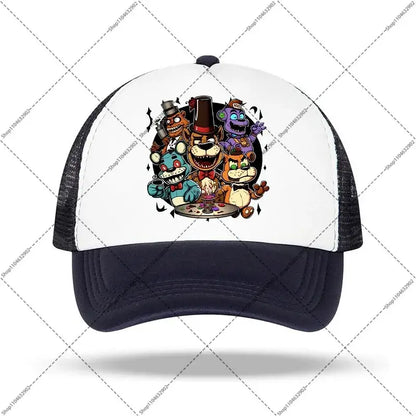 White and black trucker baseball cap with colorful five nights at freddys characters graphic for kids and adults