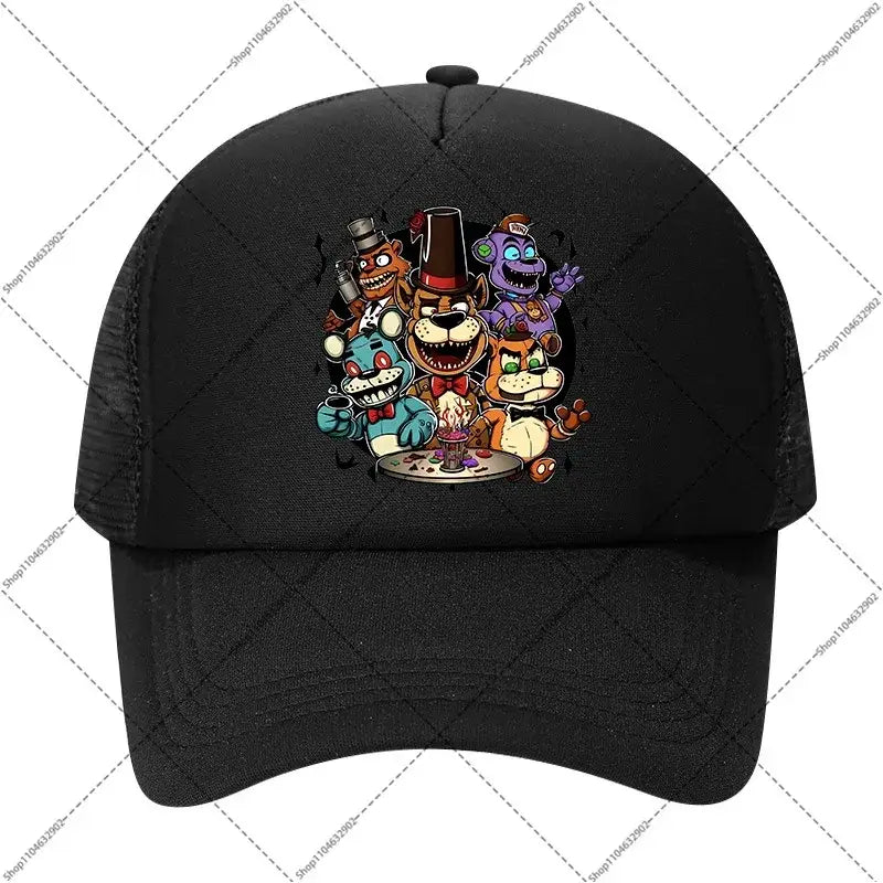 Black mesh five nights at freddys baseball cap with colorful characters around a birthday cake for kids and adults