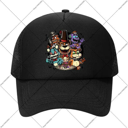 Black mesh five nights at freddys baseball cap with colorful characters around a birthday cake for kids and adults