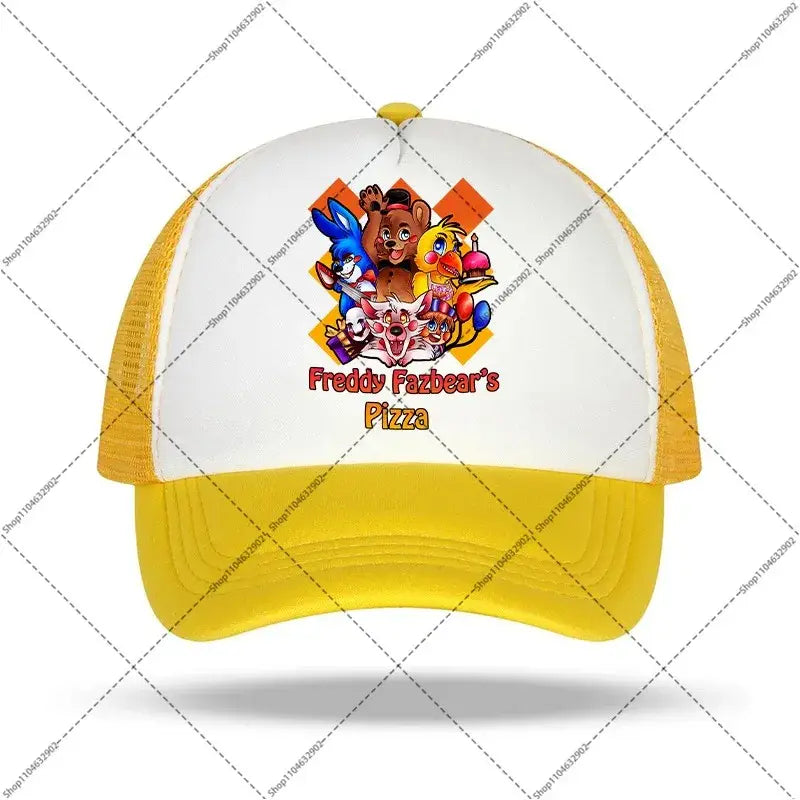 Yellow and white five nights at freddys baseball cap with colorful freddy fazbears pizza logo and cartoon characters