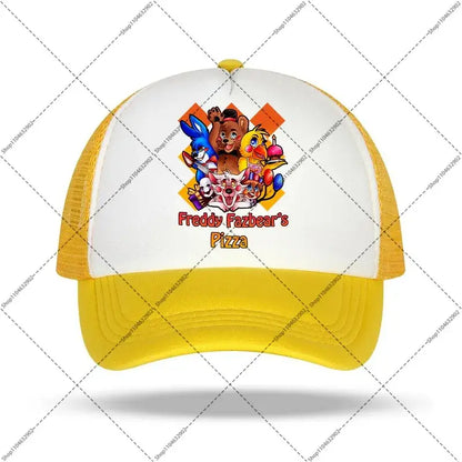 Yellow and white five nights at freddys baseball cap with colorful freddy fazbears pizza logo and cartoon characters