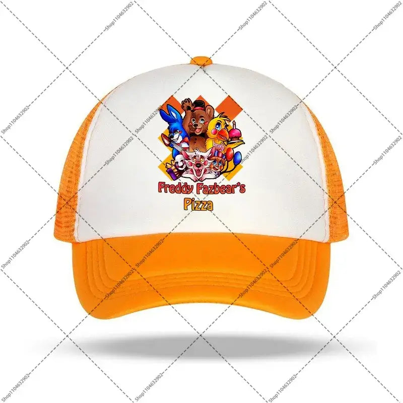 Orange and white trucker baseball cap with colorful five nights at freddys pizza logo and cartoon characters for kids and adults