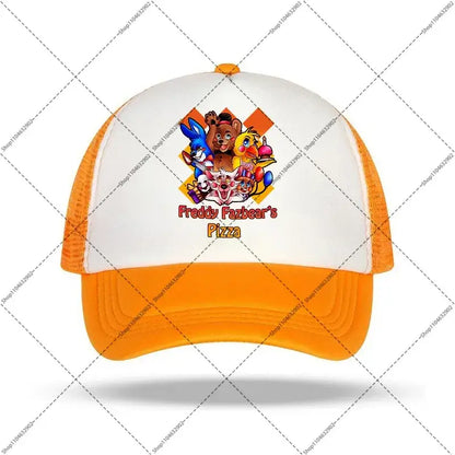 Orange and white trucker baseball cap with colorful five nights at freddys pizza logo and cartoon characters for kids and adults