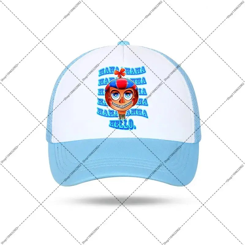 Light blue and white five nights at freddys baseball cap featuring a cartoon character with red and blue hair and ha ha ha text