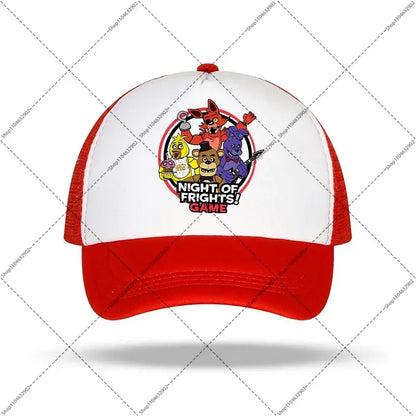Red and white mesh five nights baseball cap featuring colorful night of frights game logo with cartoon animatronics