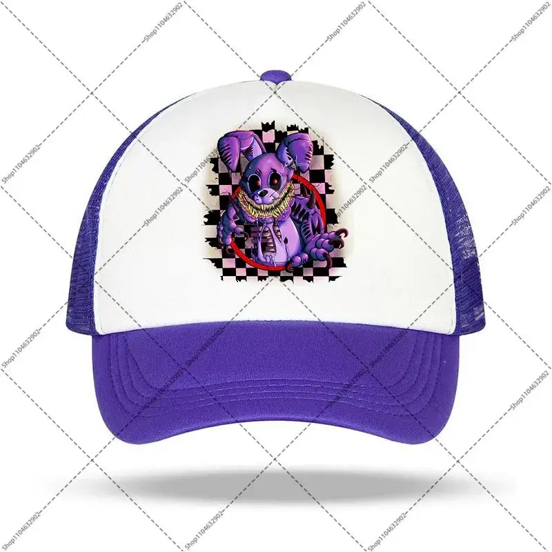 Purple and white mesh baseball cap featuring foxy graphic from five nights at freddys for kids and adults
