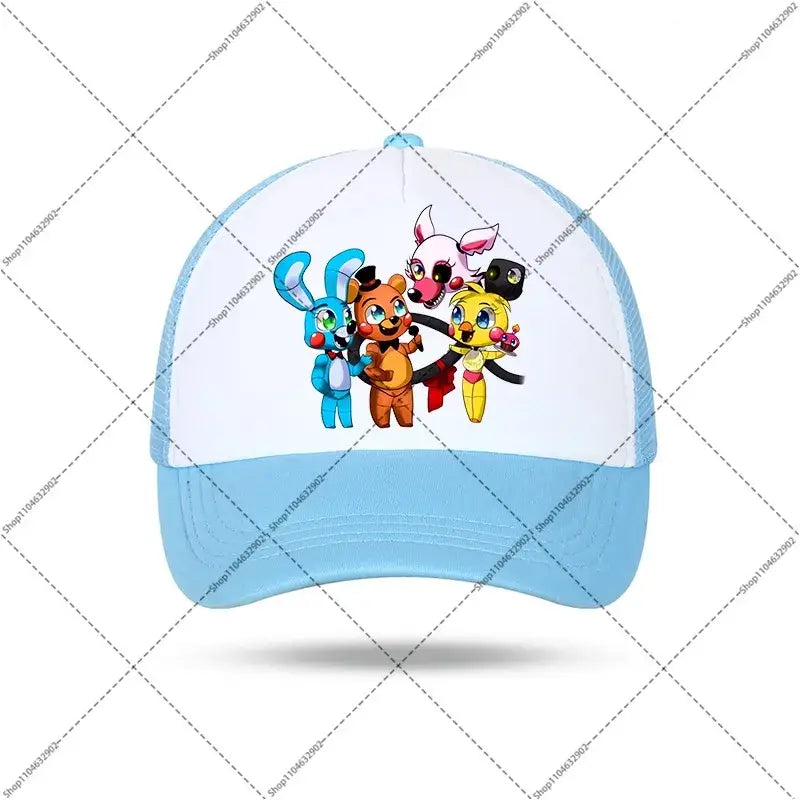 Light blue and white five nights baseball cap with colorful freddy graphic for kids and adults baseball cap