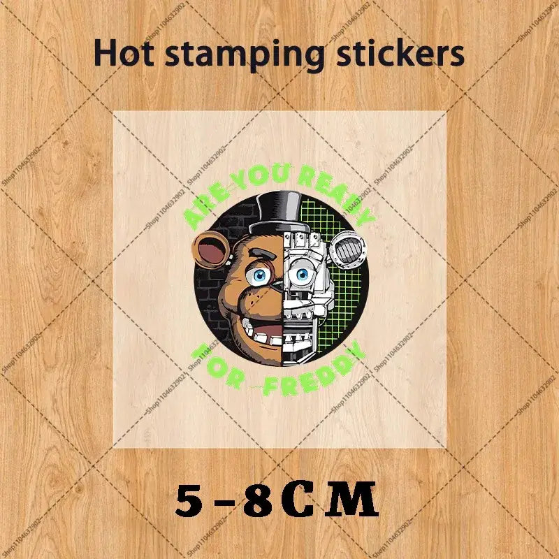 Circular hot stamping sticker with split-face freddy fazbear brown bear and metallic robot design on five nights baseball cap
