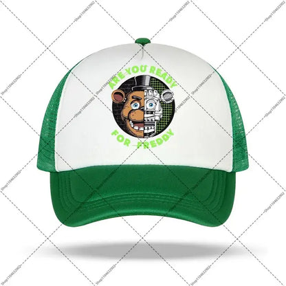 Green and white five nights at freddys baseball cap with freddy fazbear half mechanical graphic and neon text