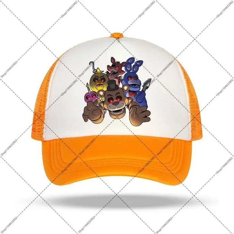 Orange and white trucker baseball cap featuring colorful five nights characters for kids and adults