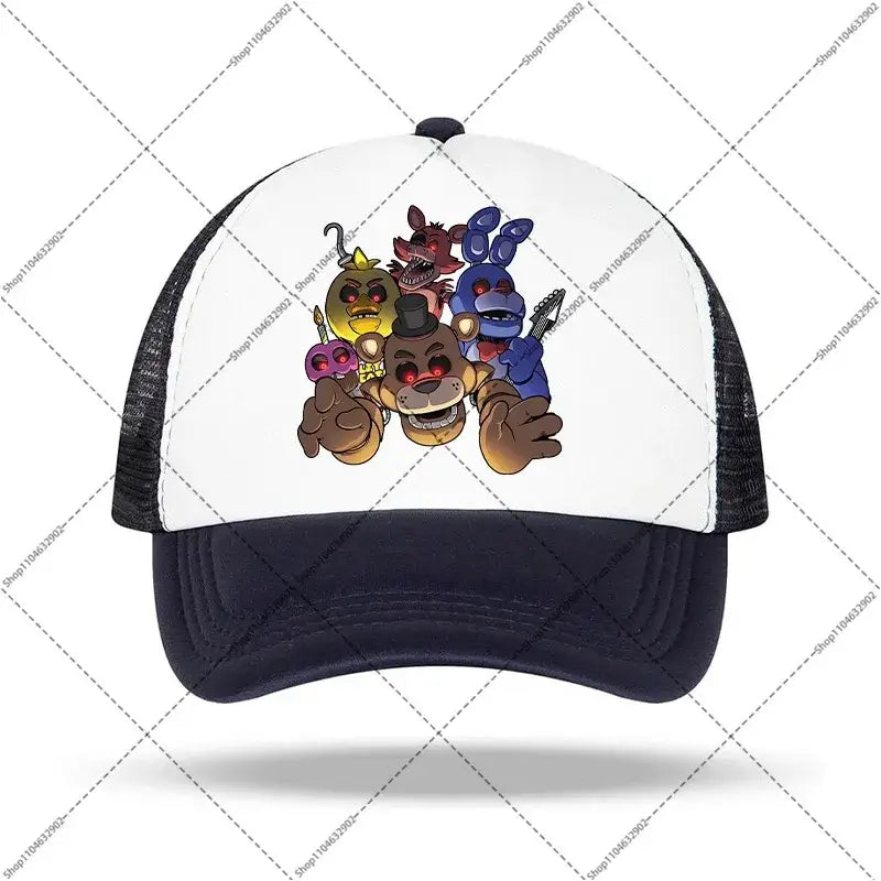 White and black trucker baseball cap featuring colorful five nights at freddy’s characters for kids and adults