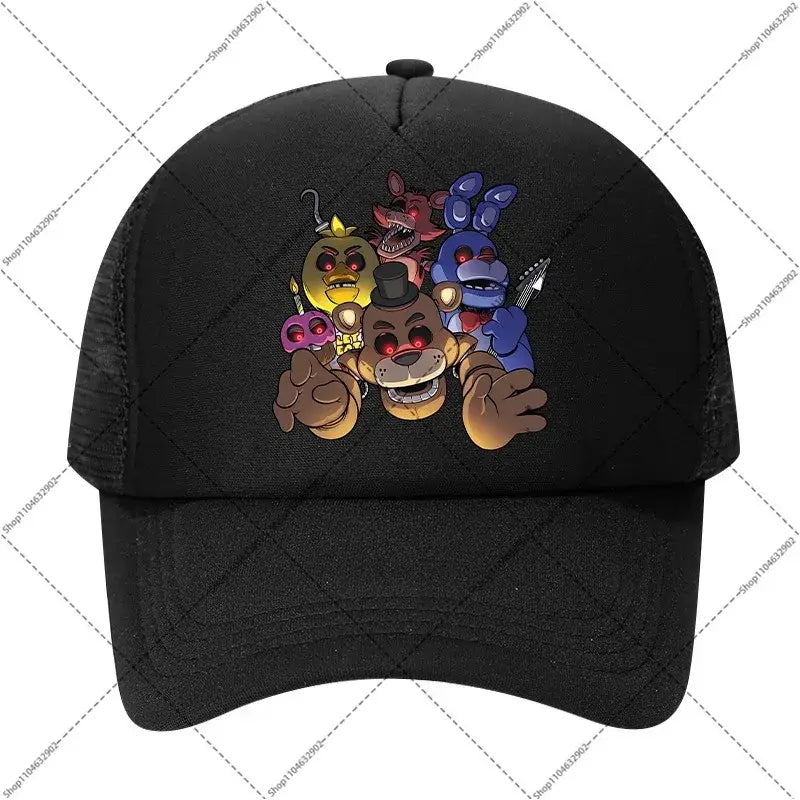 Black mesh baseball cap featuring colorful five nights at freddy’s characters graphic for kids and adults