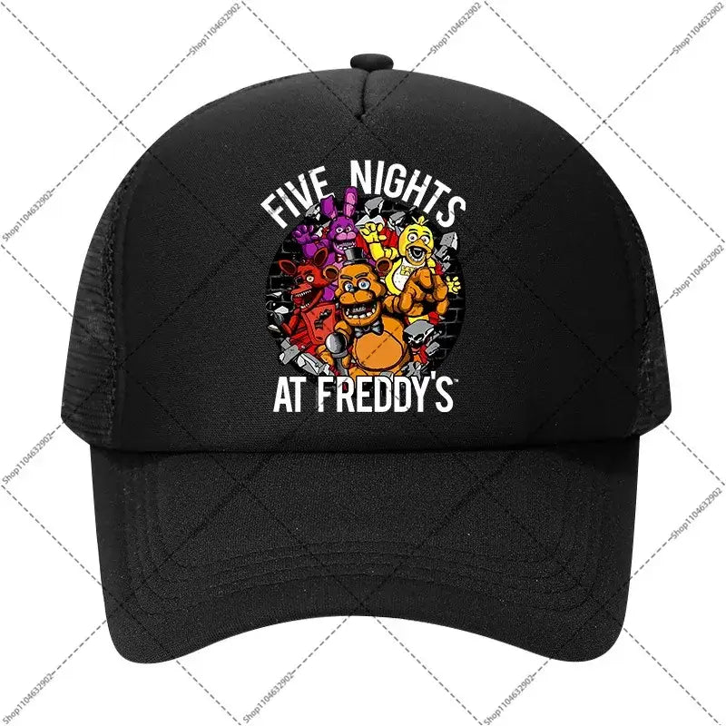 Black mesh five nights at freddy’s baseball cap with colorful game characters graphic for kids and adults