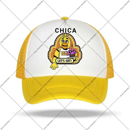 White and yellow five nights at freddy’s baseball cap with chica holding a cupcake and lets eat text for kids and adults
