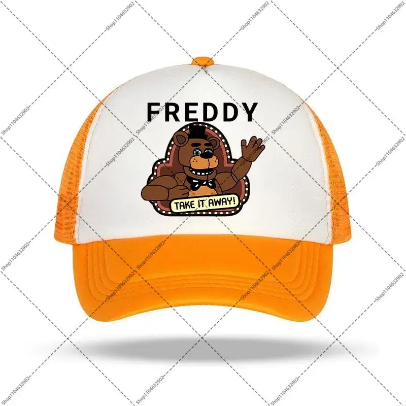Orange and white five nights baseball cap featuring freddy fazbear graphic and take it away text for kids and adults