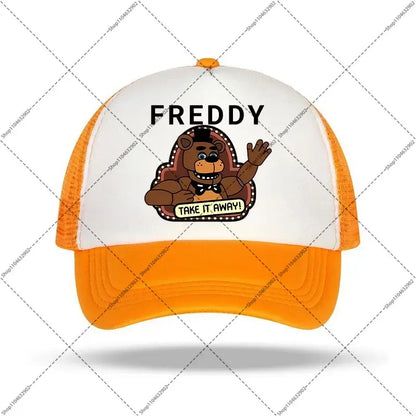 Orange and white five nights baseball cap featuring freddy fazbear graphic and take it away text for kids and adults
