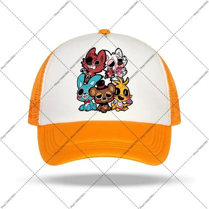 White and orange five nights baseball cap with colorful cartoon animatronic characters for kids and adults