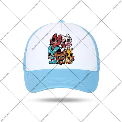 Light blue and white five nights at freddys baseball cap with colorful animatronic characters for kids and adults