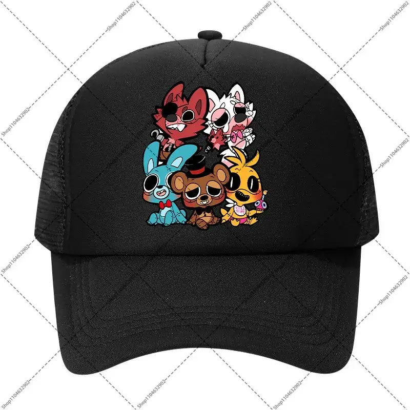Black mesh five nights at freddys baseball cap featuring colorful cartoon animatronic characters for kids and adults
