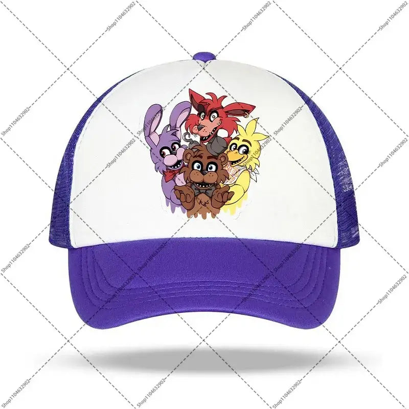 Purple and white five nights at freddys baseball cap with colorful graphic for kids and adults