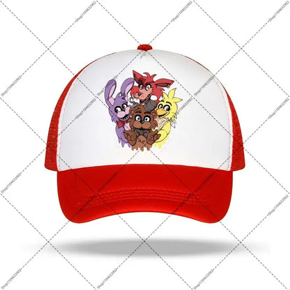 Red and white trucker baseball cap with colorful five nights at freddys characters graphic for kids and adults