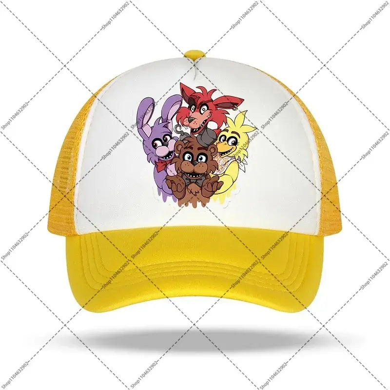 White and yellow five nights baseball cap with colorful four animatronic characters graphic for kids and adults