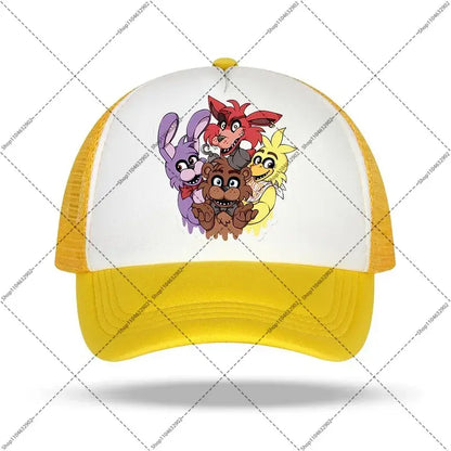 White and yellow five nights baseball cap with colorful four animatronic characters graphic for kids and adults