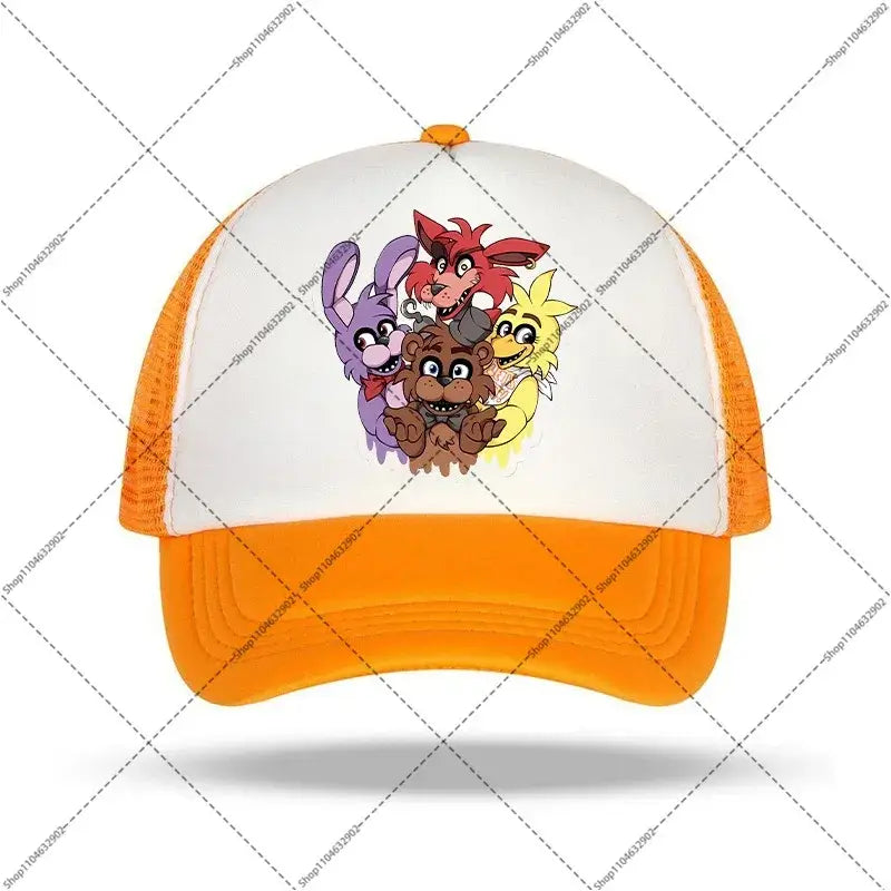Orange and white trucker baseball cap with colorful five nights at freddys characters graphic for kids and adults