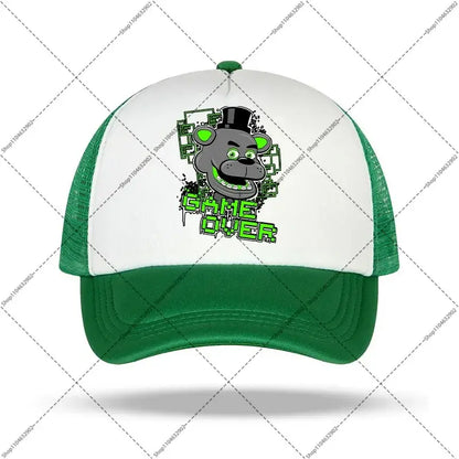 Green and white five nights at freddy’s baseball cap with freddy fazbear graphic and game over text in neon green