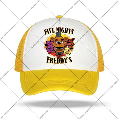 Yellow and white trucker baseball cap with colorful five nights at freddy’s cartoon graphic for kids and adults