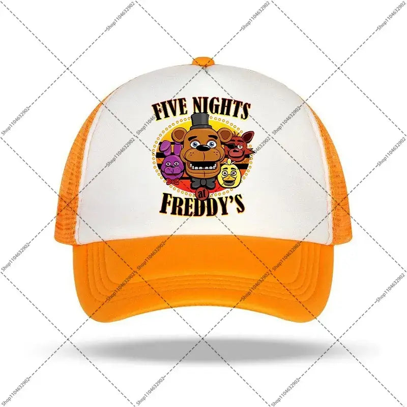 White and orange five nights at freddys baseball cap with colorful cartoon animatronic graphic for kids and adults